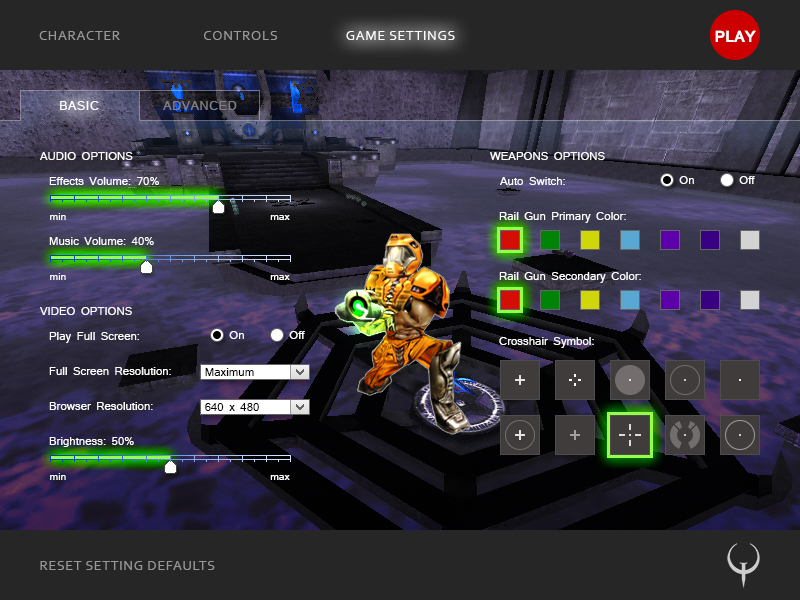 The game settings screen for QuakeLive.