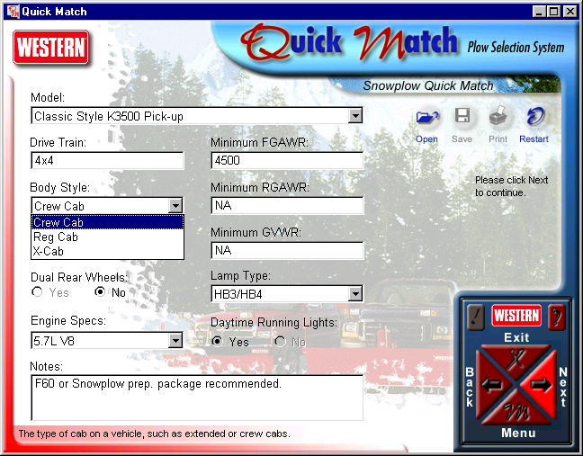 A screen of the original QuickMatch selection system. The four-triangle button setup is supposed to mimic the actual controls for maneuvering the plow.